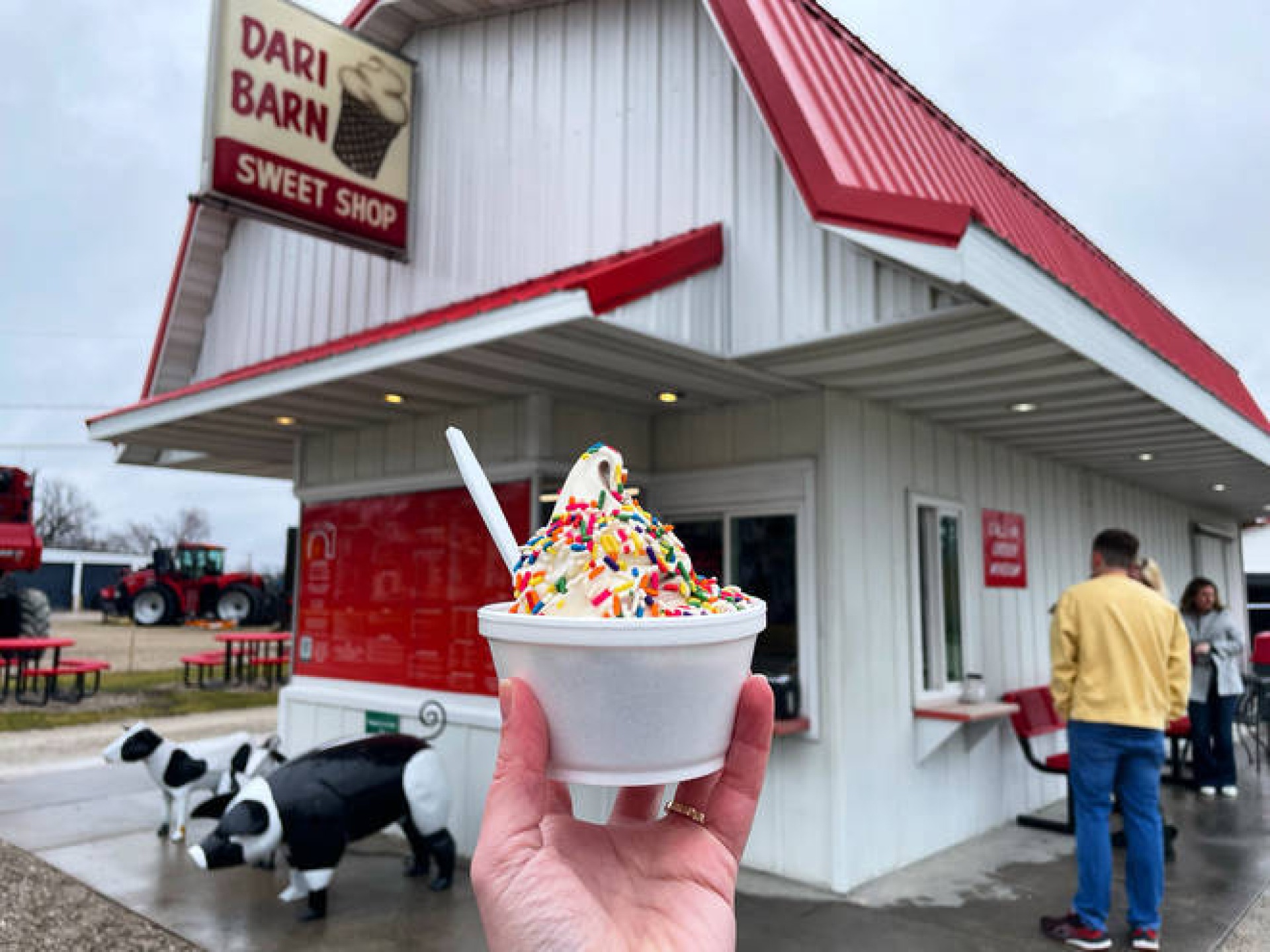 A customer holding up a vanilla ice cream cup covered in sprinkles in front of Dari Barn.